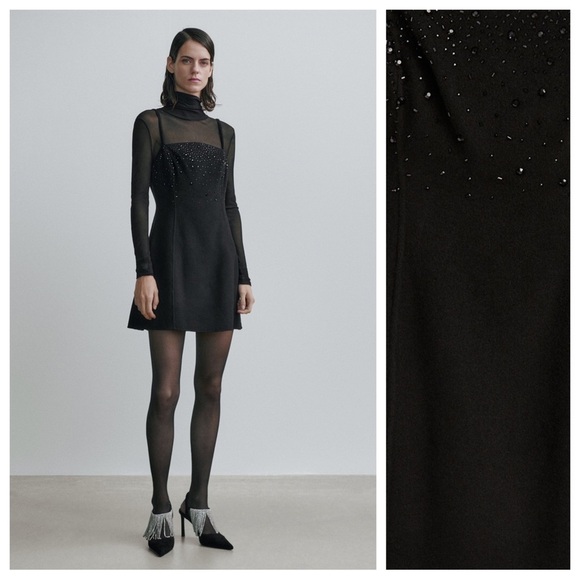 NWT. Massimo Dutti Black Wool Blend Mini Dress with Beaded Details. Size S, M, L - Picture 1 of 15